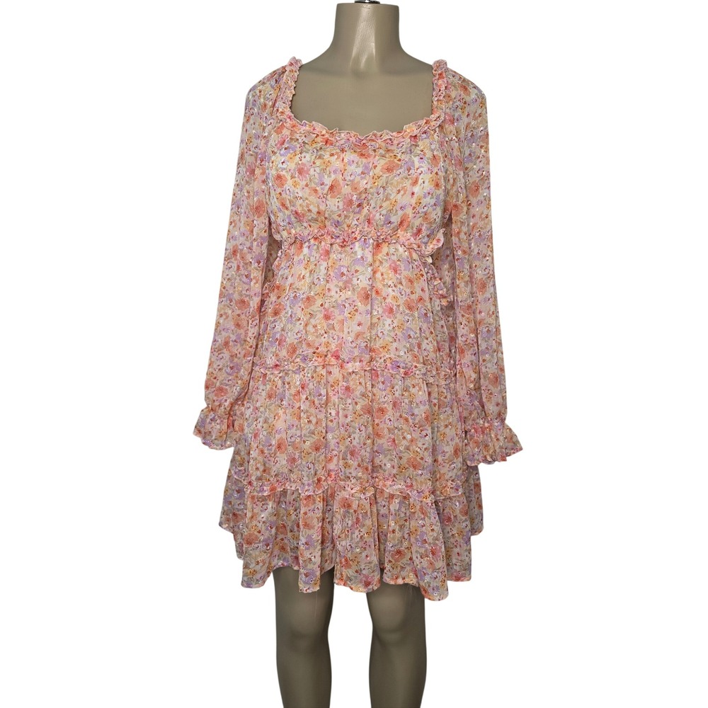 Jessica Simpson Dress Womens L Floral Cut-Out Tiered Ruffle Mini Cottage Prairie